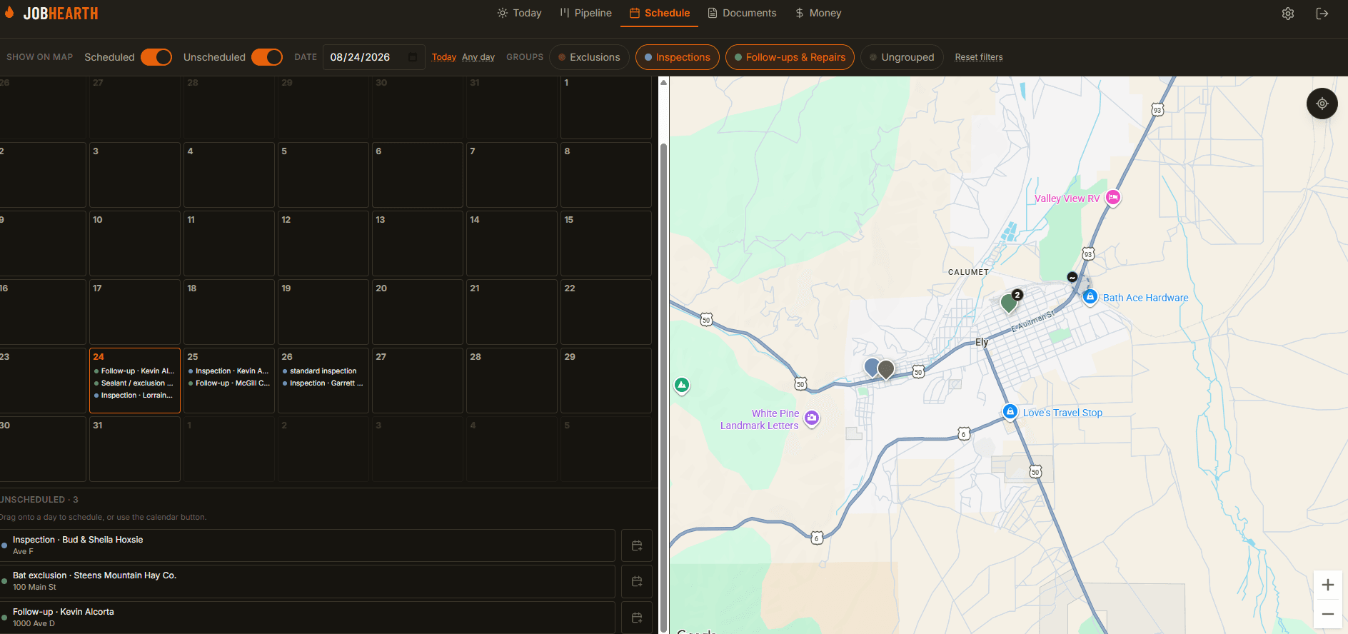 The Schedule screen: a month calendar on the left and a map of job pins on the right.