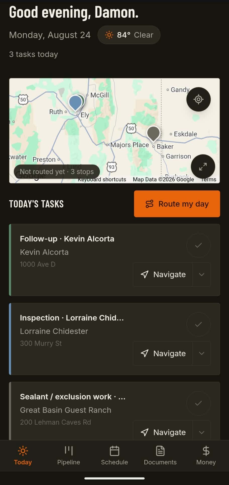 The Today screen: a map with numbered stops above the day's jobs, each with an arrival window and a Navigate button.